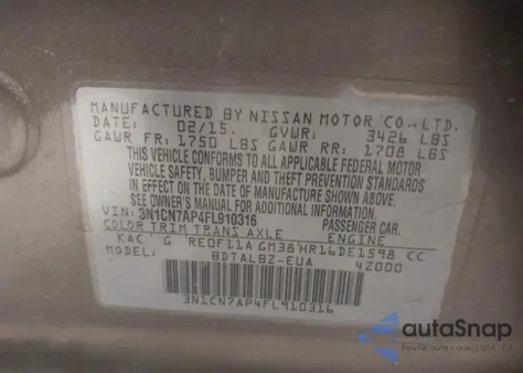 2015 Nissan Versa 1.6 S/1.6 S+/1.6 Sl/1.6 Sv z USA, uszkodzony, nr VIN 3N1CN7AP4FL910316